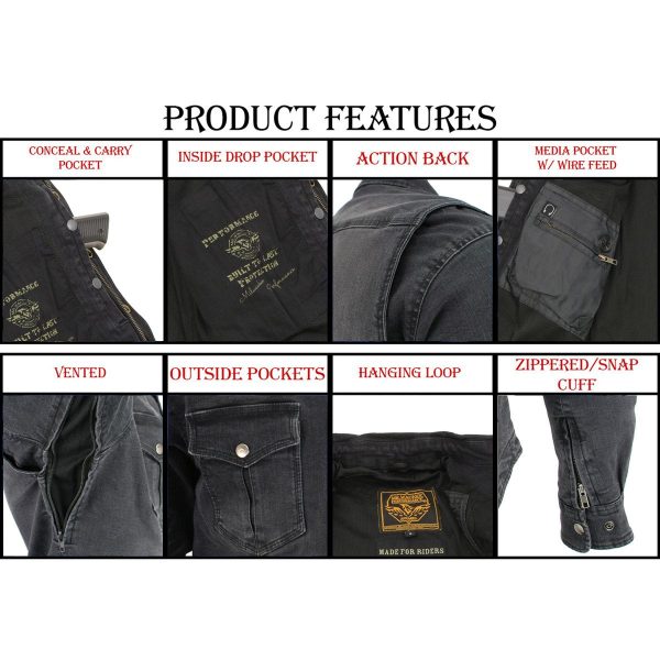 Milwaukee Leather MPM1620 Men s Black Flannel Biker Shirt with CE Approved Armor - Reinforced w  Aramid Fibers Discount - Image 4