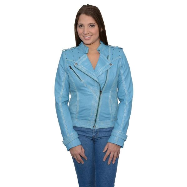 Milwaukee Leather Women s Maiden Aqua Premium Sheepskin Motorcycle Fashion Leather Jacket with Studs SFL2840 For Cheap